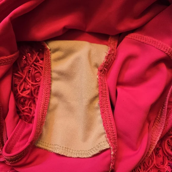 WEISSMAN sequin criss-cross dance leotard bright pink fringe skirt costume Sz Sm - Picture 8 of 8